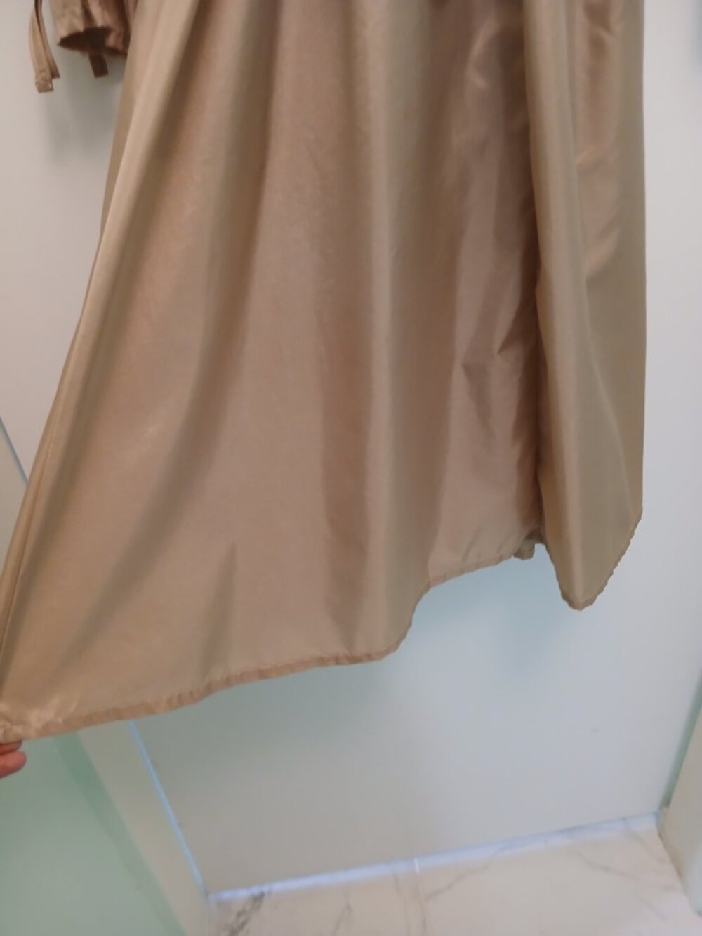 Vintage 60s Saks Fifth Avenue Aqua Sheen Tan/Gold Belted Raincoat Trench Sz M - Picture 14 of 15